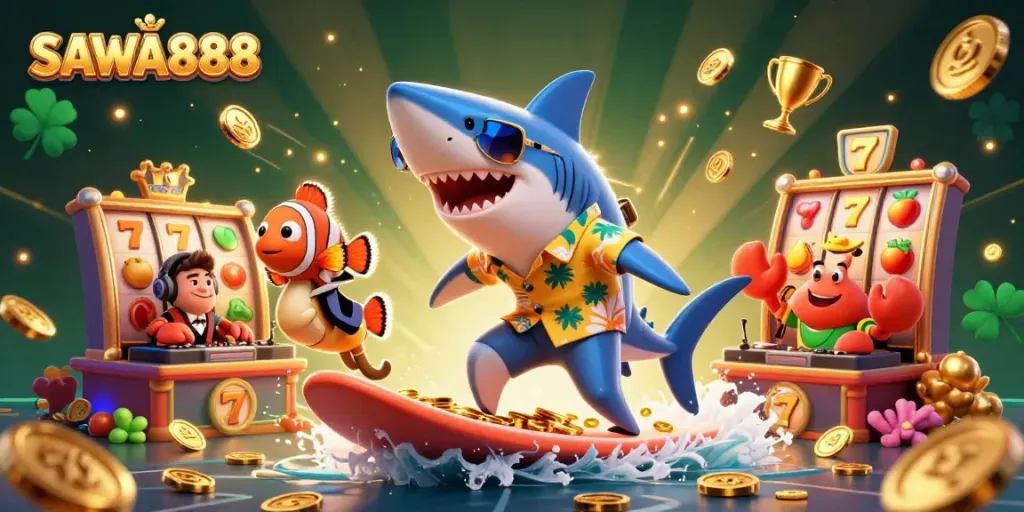 SAWA888 brings excitement with vibrant 3D characters and slot symbols, illustrating a thrilling gaming experience