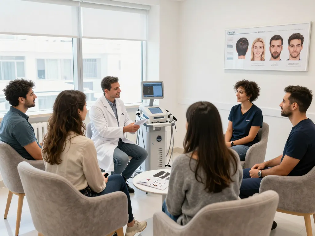 Beratung in einer Haartransplantationsklinik in Istanbul, die Fachleute, Patienten und moderne Technologien zur Haarrestaurierung zeigt.