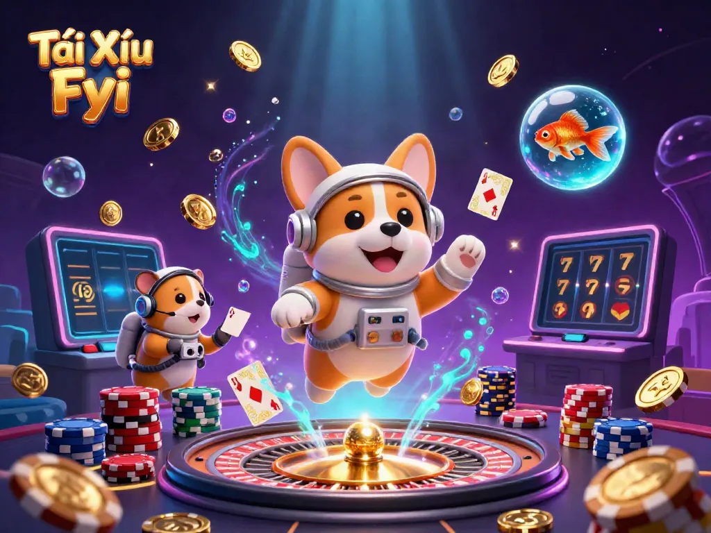 Experience excitement with Tài Xỉu Fyi in a vibrant space casino illustration featuring dynamic gaming elements.