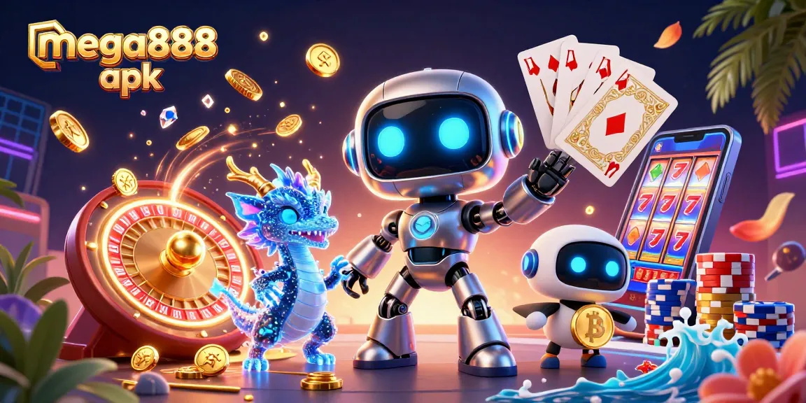Play slots with mega888 apk in a vibrant casino scene filled with excitement and rewards.