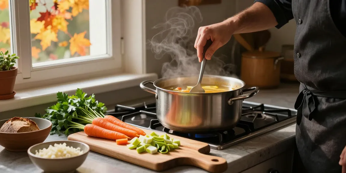 Ein Koch bereitet Klare Suppe mit frischem Gemüse und Kräutern in einer gemütlichen Küche zu.
