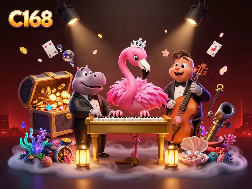 Experience excitement with C168's colorful casino scene featuring a flamingo singer and hippo bassist.