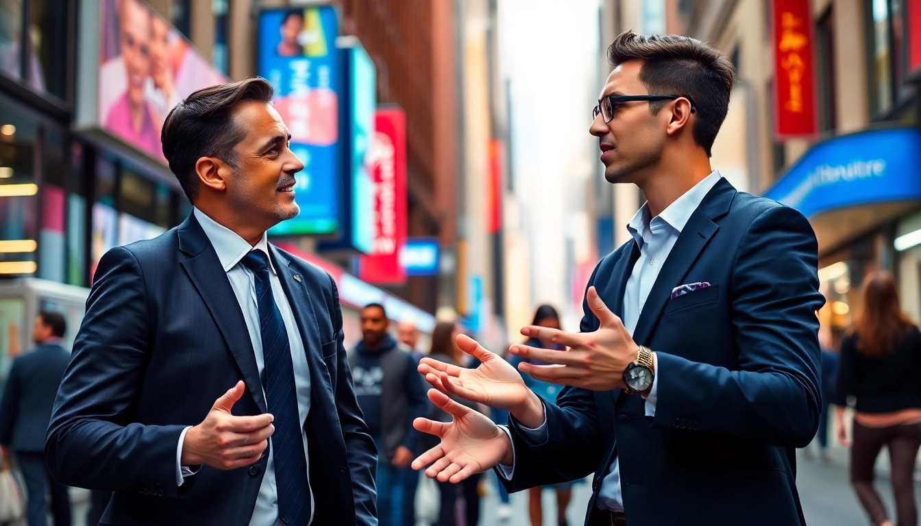 Headhunter engaging in a professional meeting in a vibrant urban setting, showcasing effective recruitment practices.