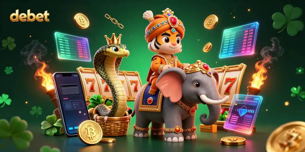 Engage with debet's vibrant casino scene showcasing 3D characters and glowing gaming elements.