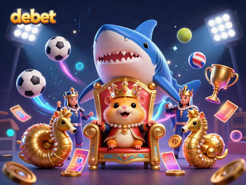 Engage with debet's vibrant online gaming scene featuring a golden hamster king amidst sports elements.