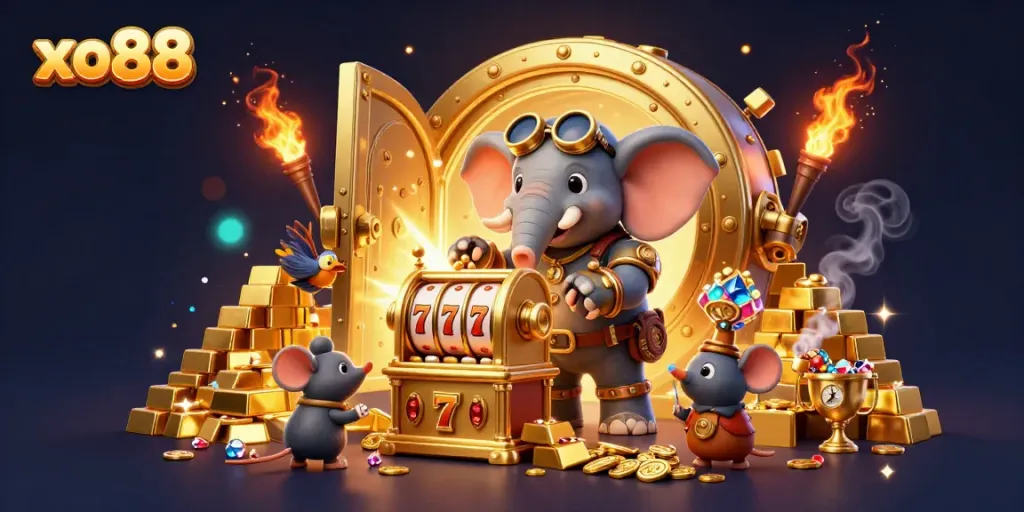Experience the excitement of xo88 with a steampunk elephant engineer at a golden slot machine amidst treasures.