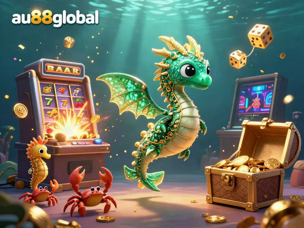 Experience the thrill of gaming with au88global's 3D sea dragon illustration surrounded by casino elements.