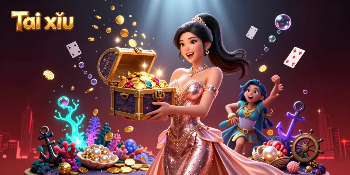 Tài xỉu players discover treasures with golden coins and gems in a vibrant casino setting.