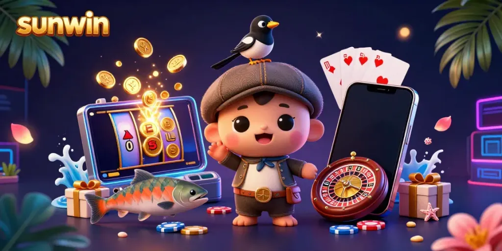 Spin the slots with sunwin! A vibrant casino scene showcasing lively characters and games.