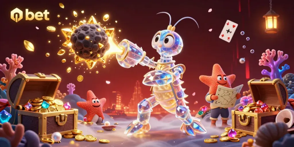 Experience nbet's excitement with vibrant 3D samurai shrimp and treasures in a thrilling casino scene.