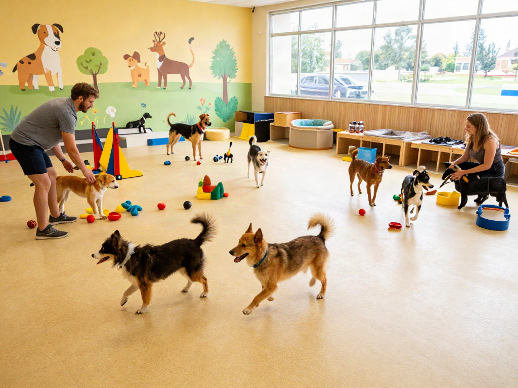 Happy dogs playing in a vibrant daycare setting, showcasing deposit 10k in pet care services.