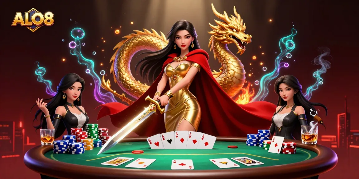 Play poker with ALO8 featuring a warrior queen and a golden dragon in a vibrant casino scene.