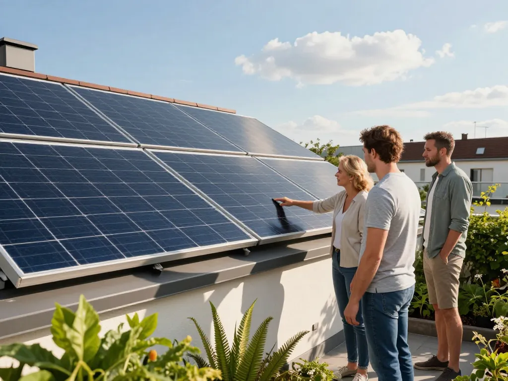Hausbesitzer erkunden ihr neues photovoltaik wien Solarsystem auf einem sonnigen Dach.