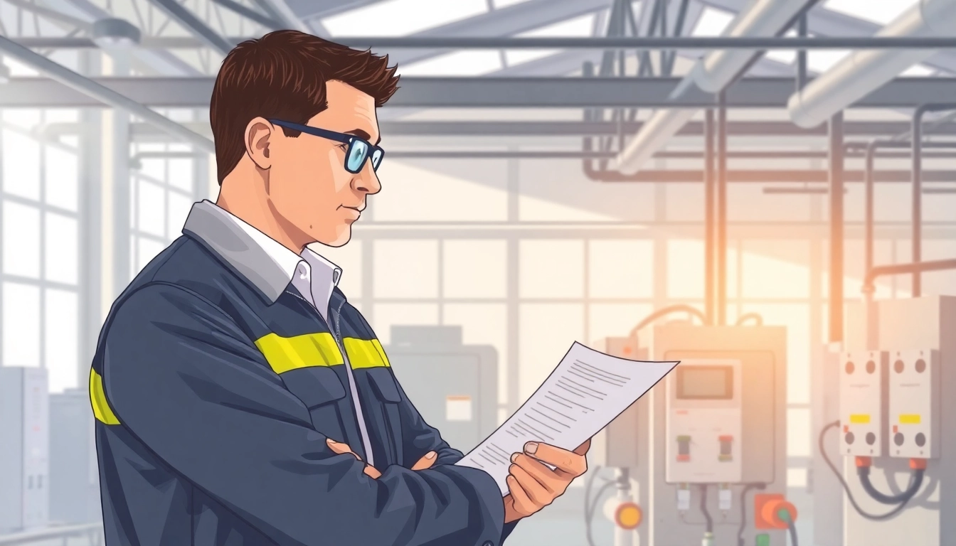 Expert performing a DGUV V3 Prüfung on electrical equipment in a well-lit industrial workspace.
