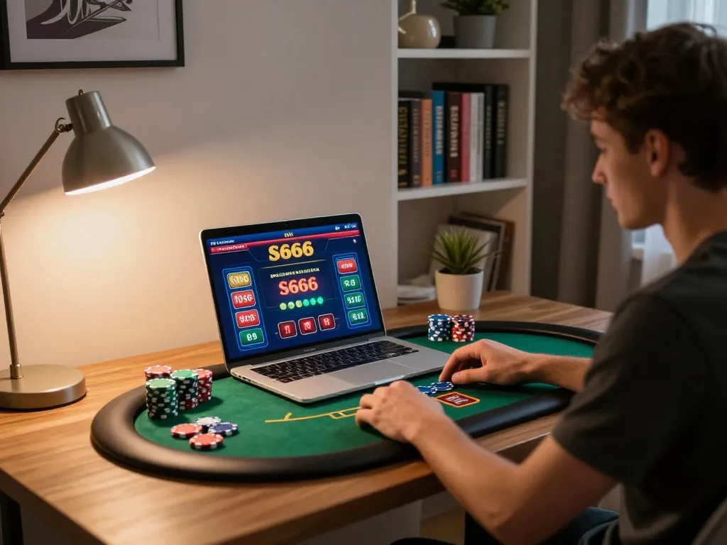 S666 online player placing strategic bets on poker while enjoying a cozy home atmosphere.