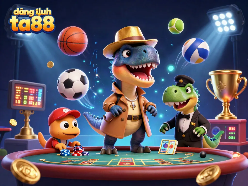 Engage with the dynamic scene of đăng nhập ta88 featuring a card counter velociraptor in a casino setting, surrounded by lively sports elements.