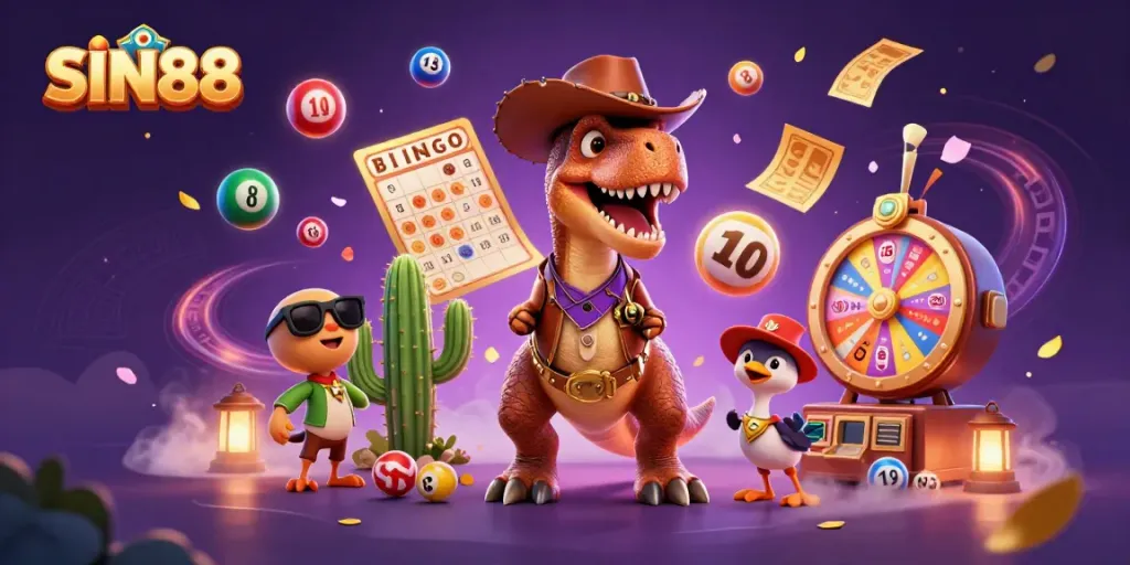 Engage in thrilling adventures with SIN88's casino-themed dinosaurs among colorful lottery elements.