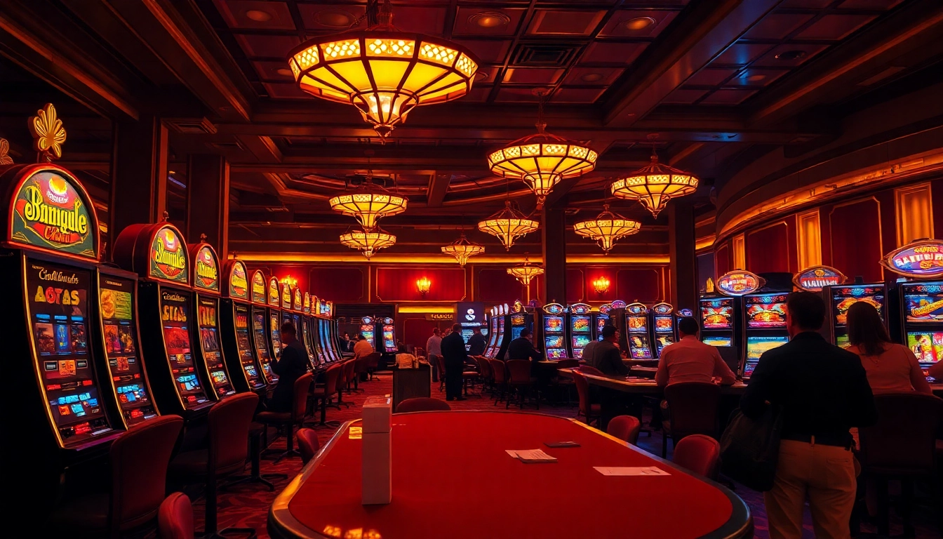 Erlebe den besten Casino Bonus in einem einladenden Spielsaal mit strahlenden Spielautomaten und fröhlichen Spielern.