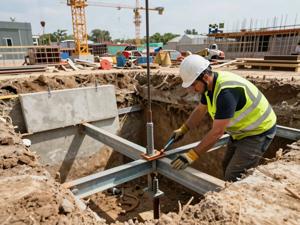 Baugrubensicherung im Einsatz: Bauarbeiter sichert tiefen Aushub mit Stahlträgern und Betonpaneelen.