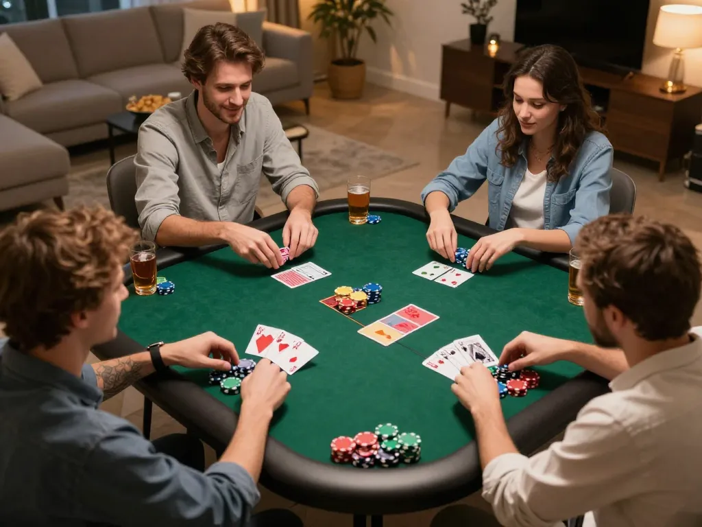 Engaged friends playing poker at home during a lively game night using lc88.it.com