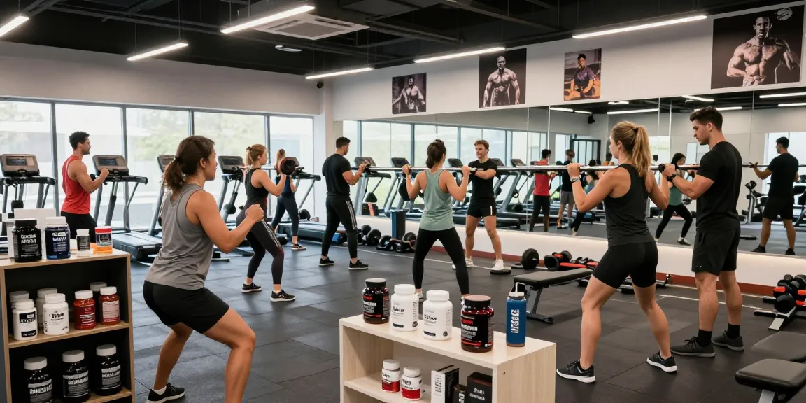 Deus Medical Produkte auf einem Fitnessregal in einem modernen Gym während des Trainings