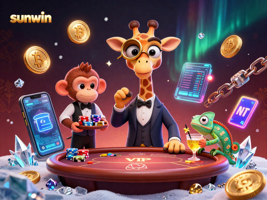 Experience sunwin in a vibrant casino scene with a high-roller giraffe and monkey valet amidst dazzling gaming elements.