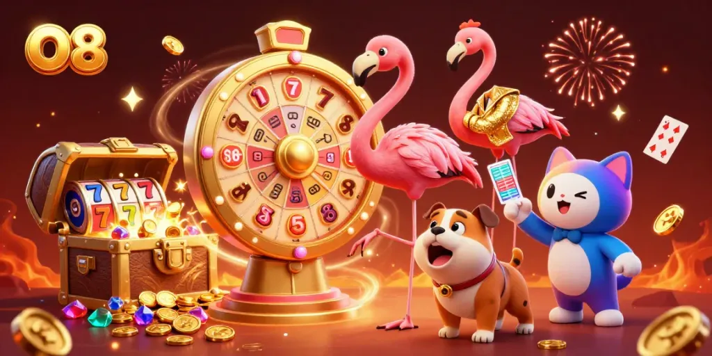 Spin the giant O8 prize wheel with excitement while collecting gold coins and gems in this vibrant casino scene.