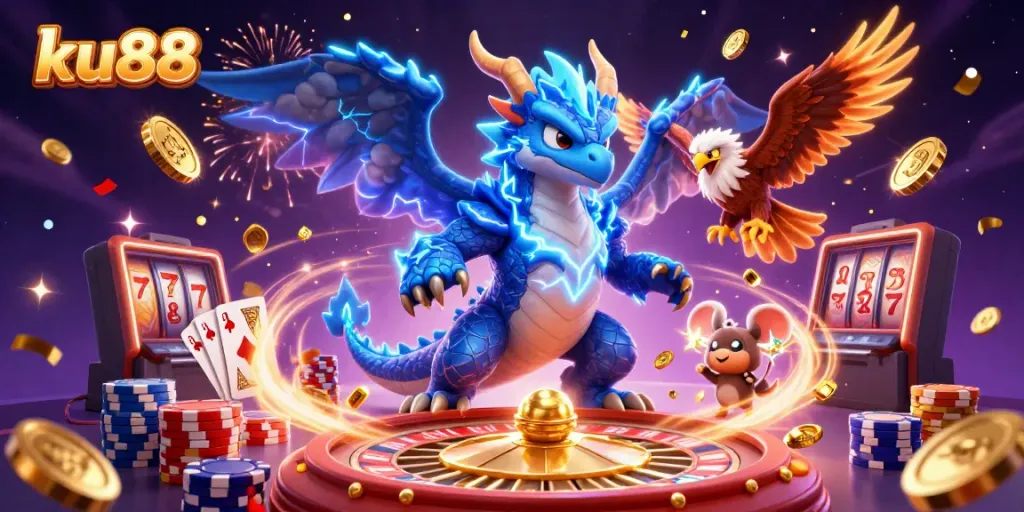 ku88 showcases thrilling casino action with dynamic characters and gleaming gaming elements.