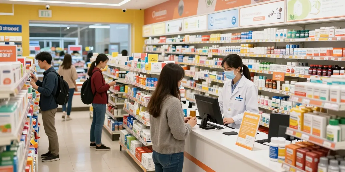 Im Selliza Pharma Shop betrachten Kunden Wellnessprodukte in einladender Atmosphäre.