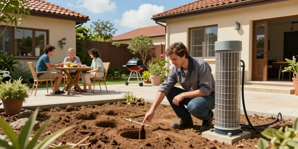 Geothermie Kosten: Techniker erklärt Geothermiesystem im Garten, Familie entspannt im Freien.