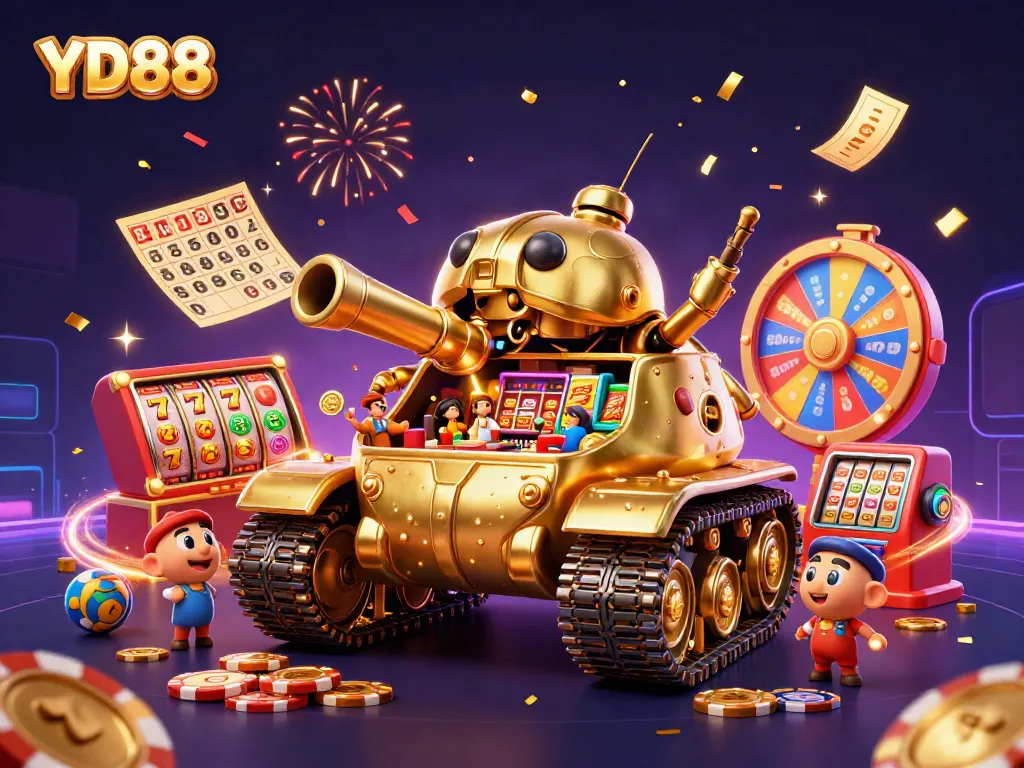 Play YD88 in a vibrant casino-themed scene featuring a golden beetle tank and slot elements.