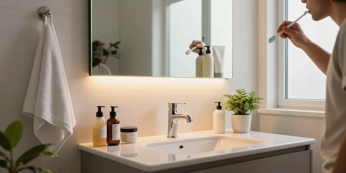 Een stijlvolle spiegelkast met verlichting in een modern badkamer met warme LED-verlichting en georganiseerde toiletartikelen.