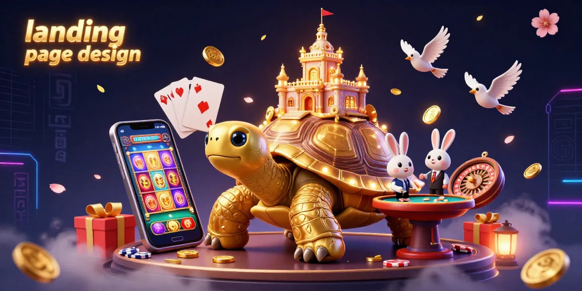 Engaging landing page design featuring a cartoon tortoise casino scene with an interactive slot game, capturing players' attention.
