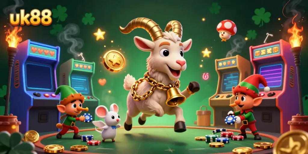 Experience the thrill of uk88 with a festive 3D casino scene featuring Krampus, an angel mouse, and elf gremlins.
