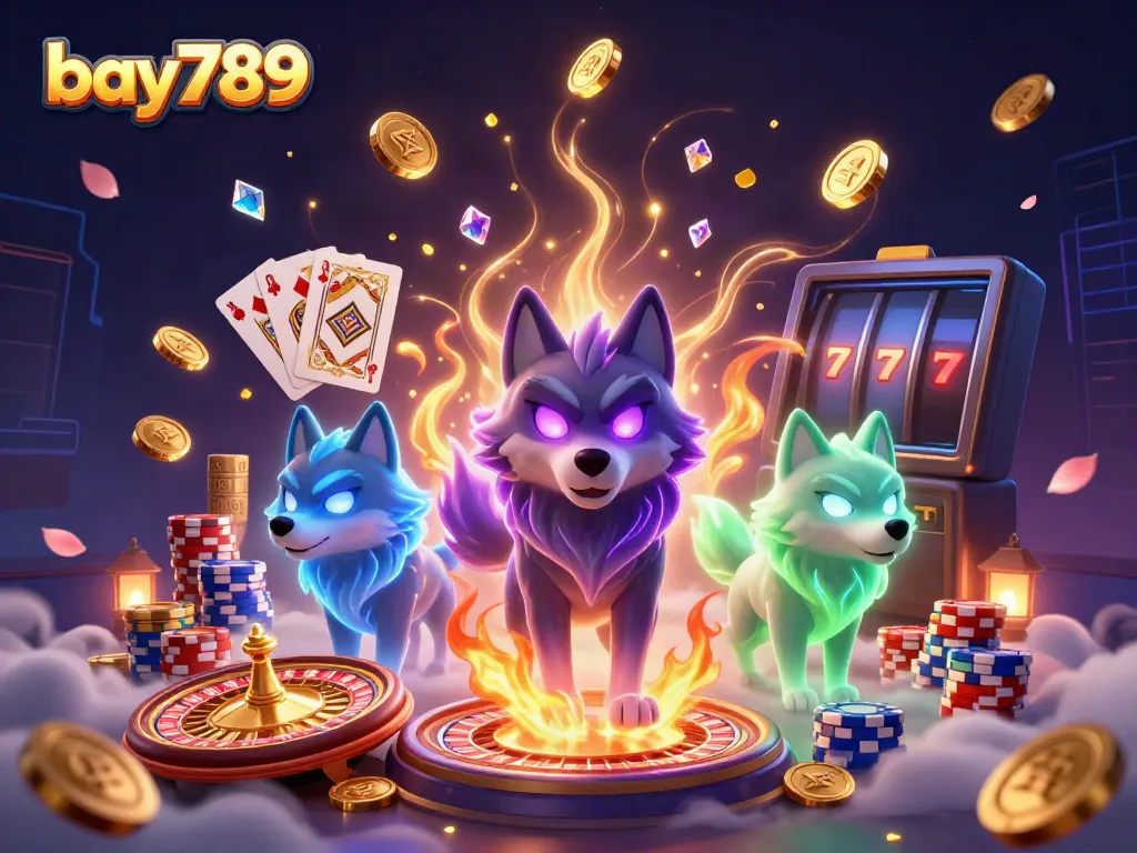 Engage with bay789's immersive gaming experience featuring mystical wolves and vibrant casino elements.