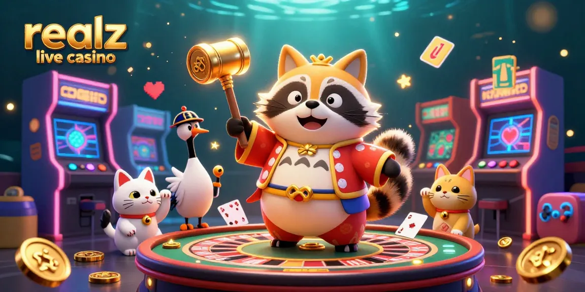 Erlebe das realz live casino mit einem fröhlichen tanuki, Roulette und Spielkarten im Hintergrund.