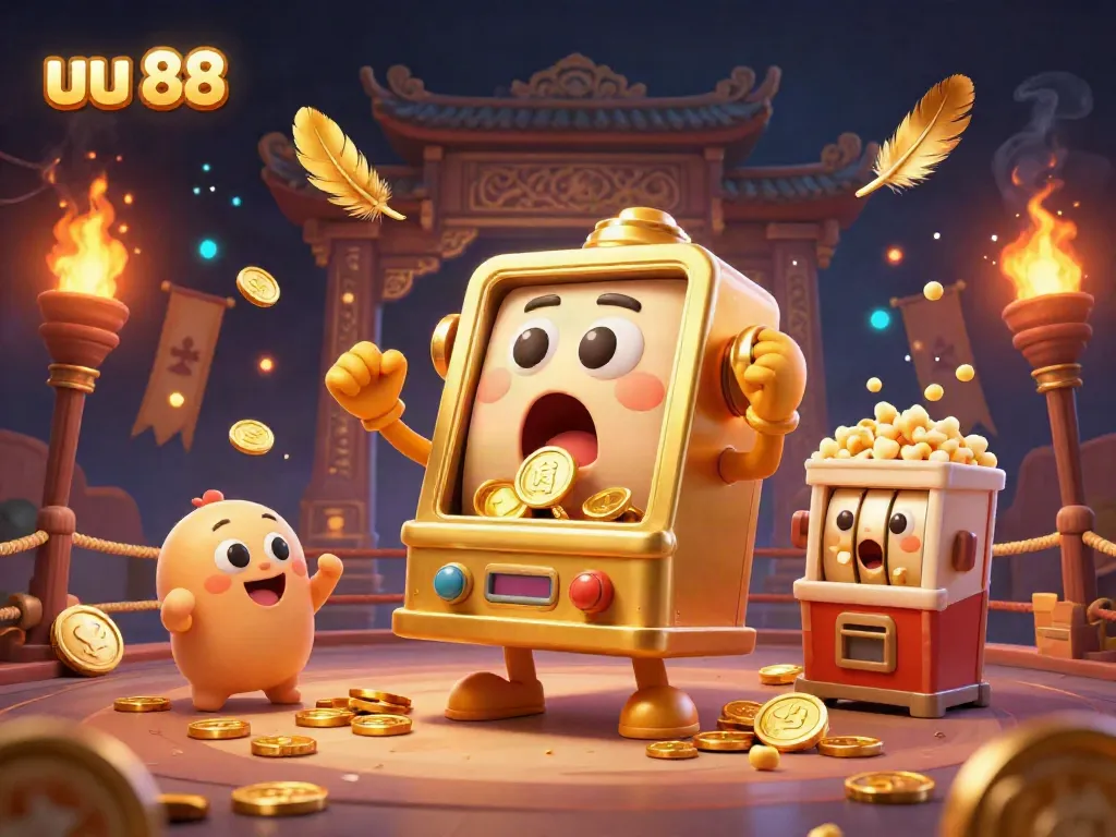 Experience the excitement of uu 88 with a vibrant golden slot machine hitting a jackpot, surrounded by cheering baby machines and golden elements.