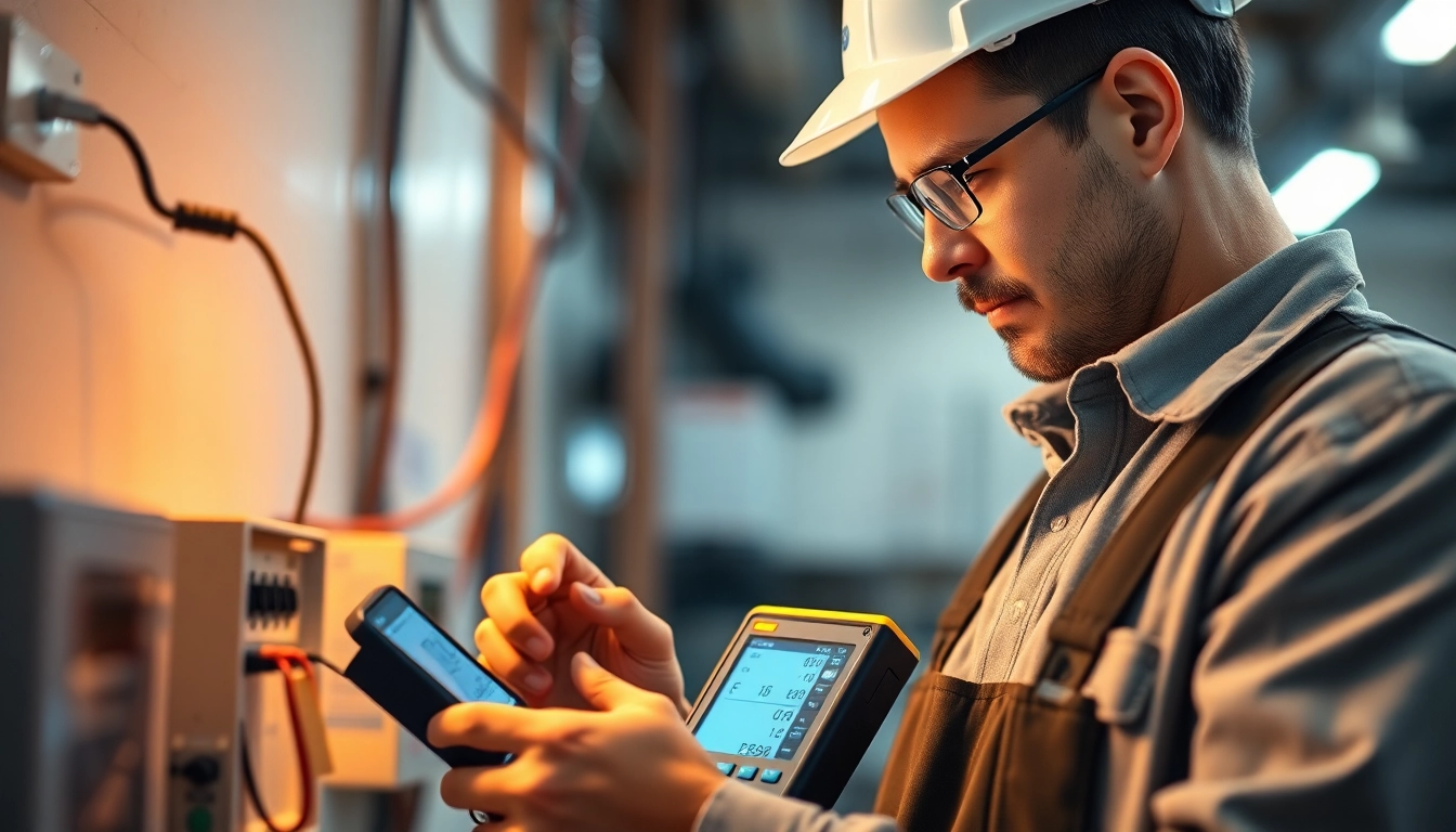 Technician conducting Prüfung ortsveränderlicher elektrischer Betriebsmittel to ensure device safety standards.