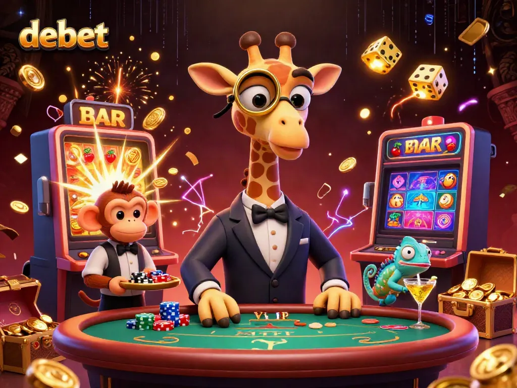 Experience dynamic gambling fun with debet featuring a giraffe, monkey, and chameleon amid a vibrant casino