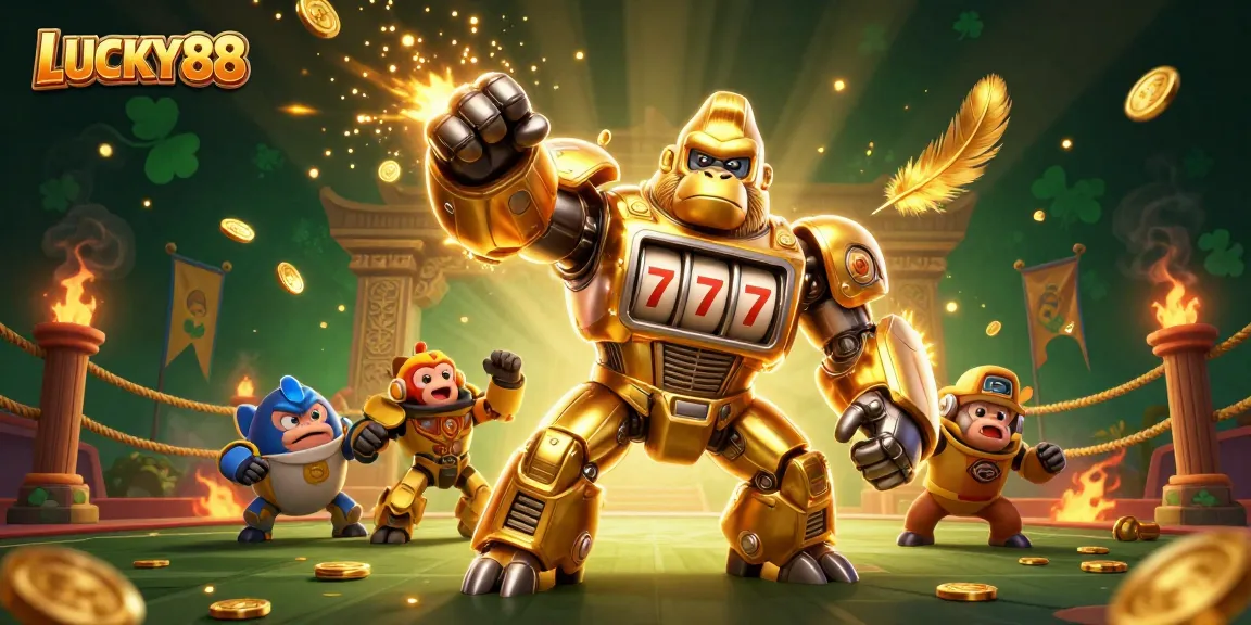 Experience thrilling action at LUCKY88 with a golden gorilla mech and dynamic casino elements.