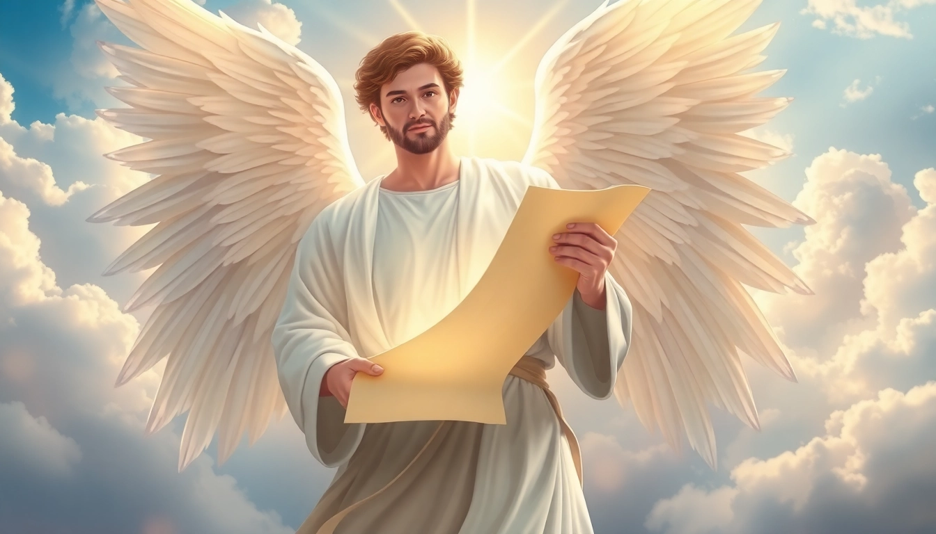 Erzengel Gabriel vermittelt Licht und Weisheit in einer himmlischen Kulisse.