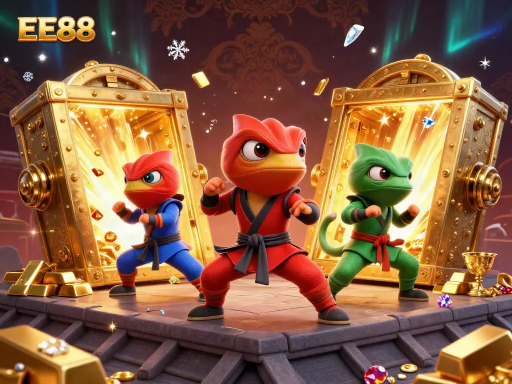 Experience the vibrant EE88 casino adventure with ninja chameleons showcasing their skills among dazzling treasures.