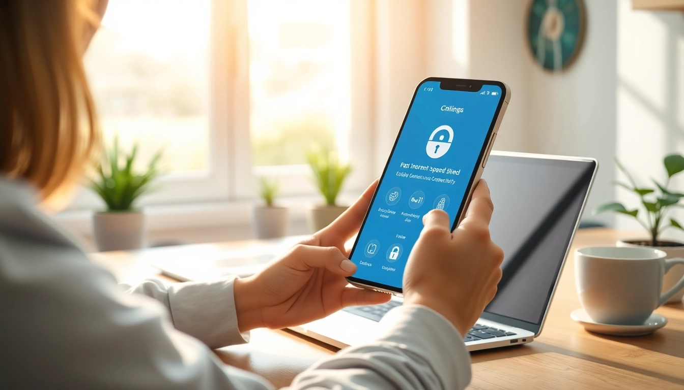 快连下载 on a smartphone in a modern home office, showcasing connectivity and speed.