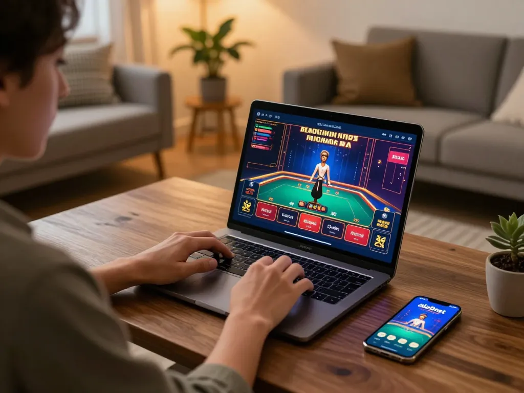 Player engaging with alo8net casino games on a laptop, creating a vibrant online gaming experience