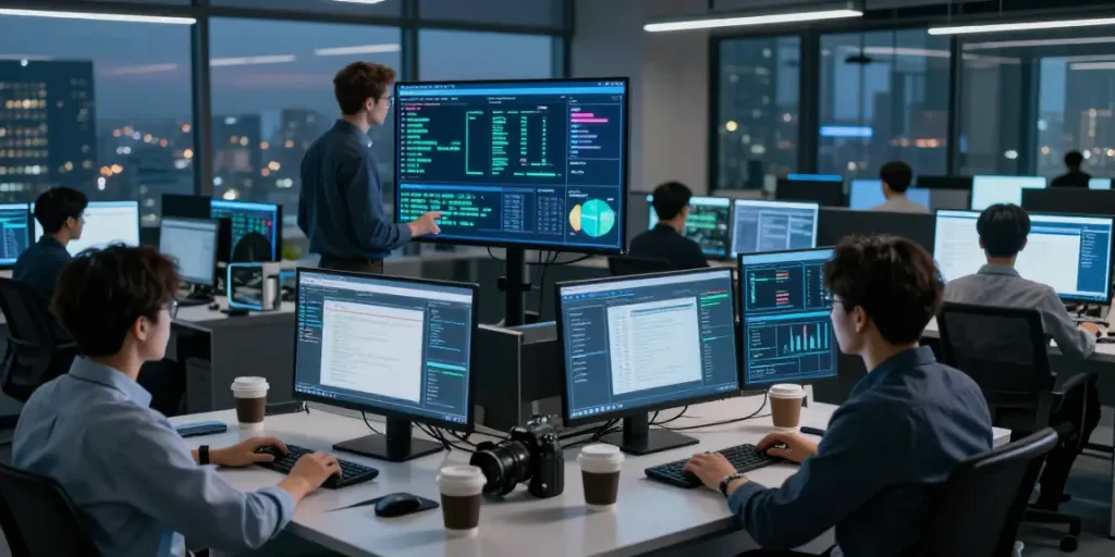 IT Sicherheit für KMU: Team analysiert Cyber-Bedrohungen in modernen Sicherheitszentren.