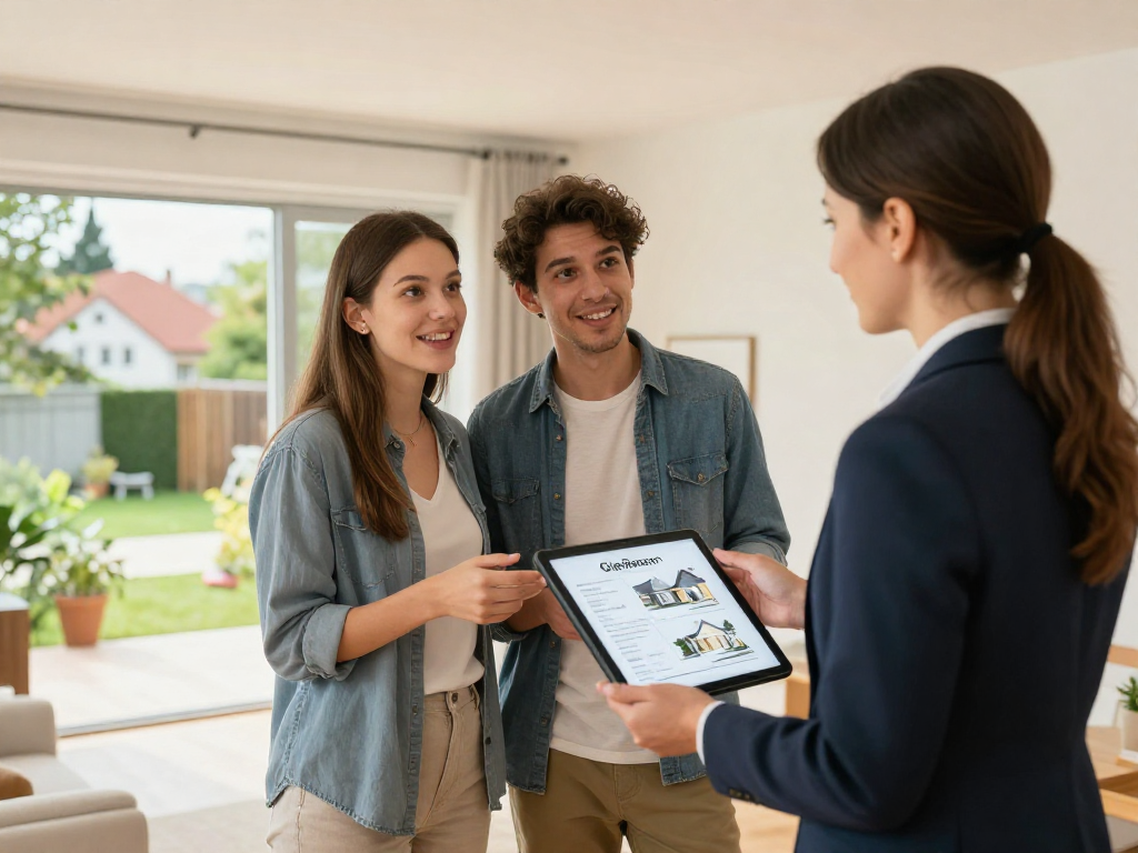 Immobilienmakler in Gießen berät ein glückliches Paar in einem modernen Zuhause in der Umgebung.