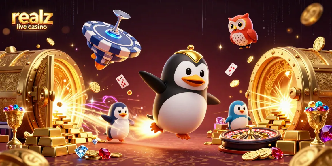 Erlebe die aufregende Welt von Realz Live Casino mit einem goldenen Pinguin und Casino-Elementen.