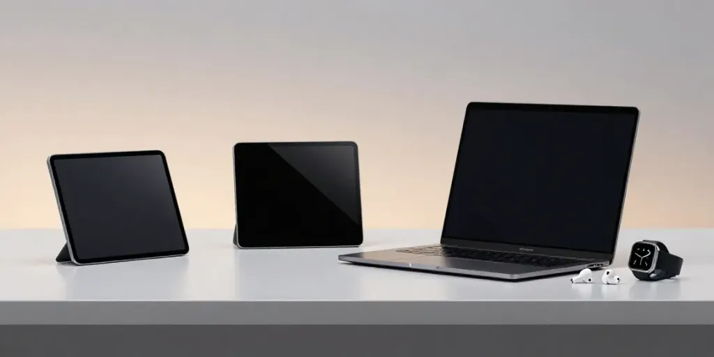 Modernste Gadgets und Technologieprodukte auf einem minimalistischen Schreibtisch.