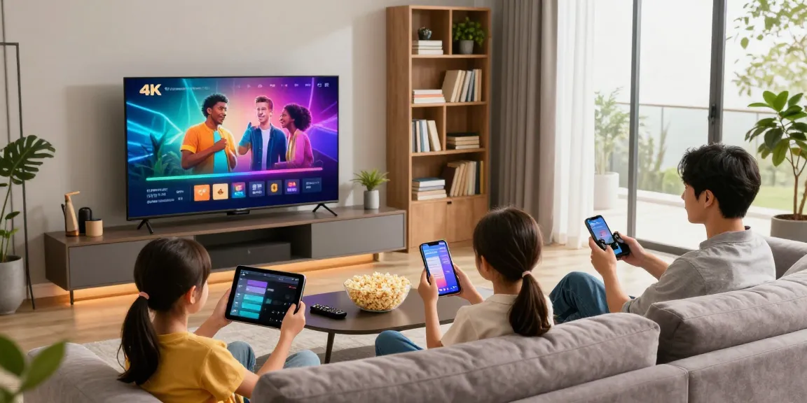 Familienzeit mit IPTV kaufen: modernes Wohnzimmer, 4K-Streaming, gemütliche Atmosphäre.