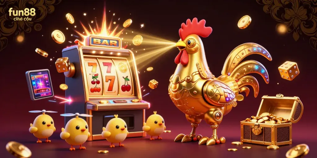 Experience the thrill of fun88 chính thức with this vibrant casino-themed scene, featuring a golden rooster robot amidst dynamic game elements.